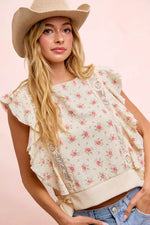 BiBi Flower Printed Ruffle Sleeve Trim Detail Top