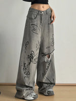 Printed Distressed Wide Leg Jeans - Ladyez