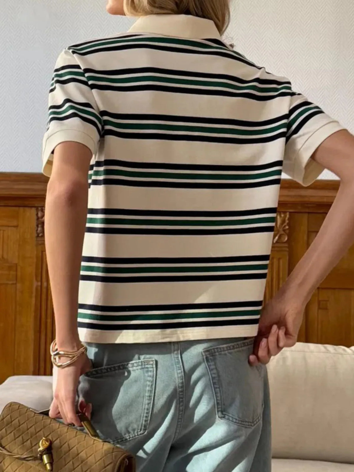 Striped Polo T-Shirt with Contrast Collar - Ladyez