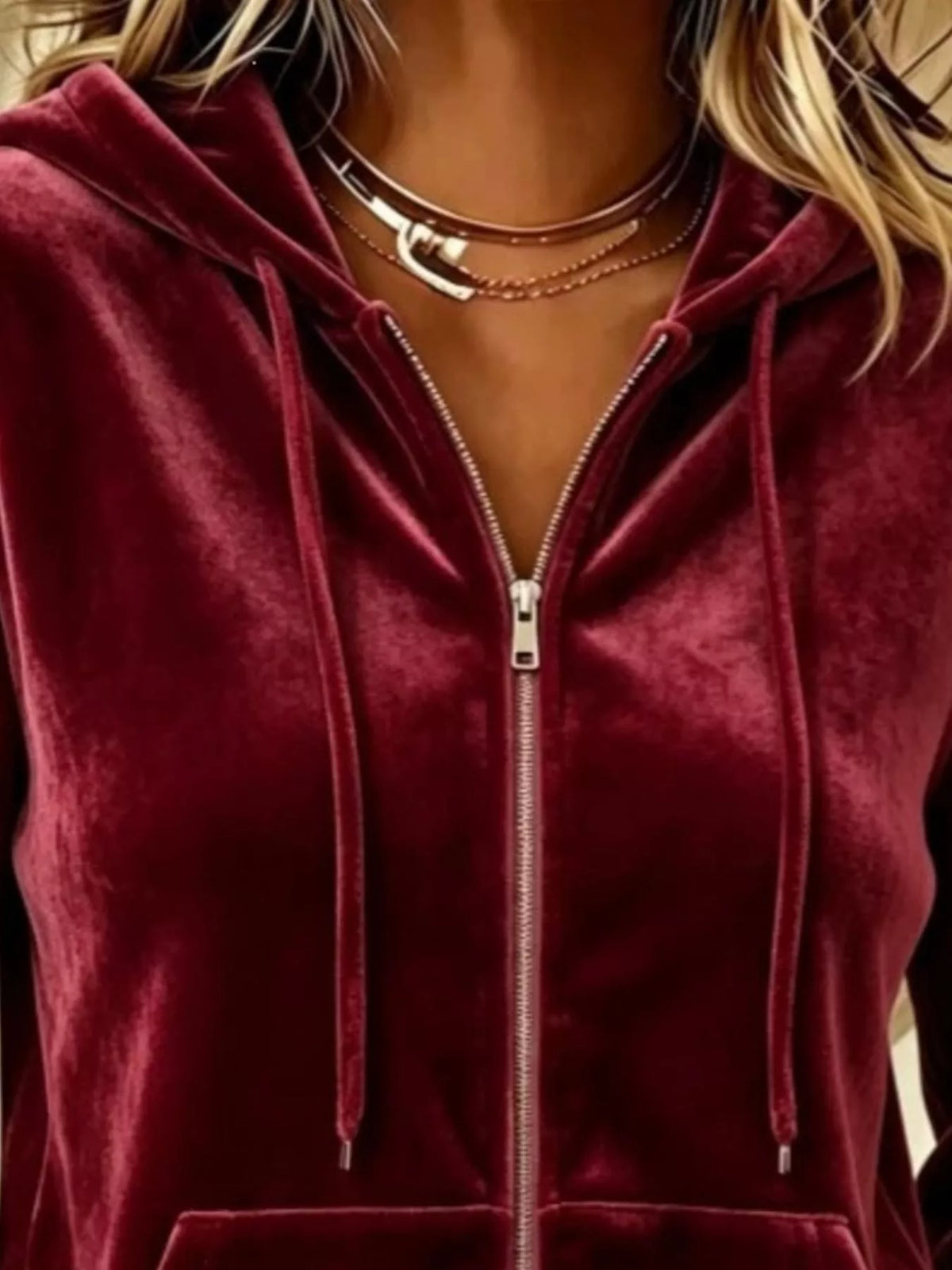 Full Size Velvet Zip-Up Outerwear with Drawstring Plus Size