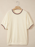 Contrast Varsity Striped Neckline Cuffed Short Sleeve Loose Tunic Top