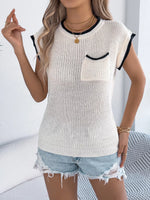 Contrast Trim Round Neck Cap Sleeve Sweater