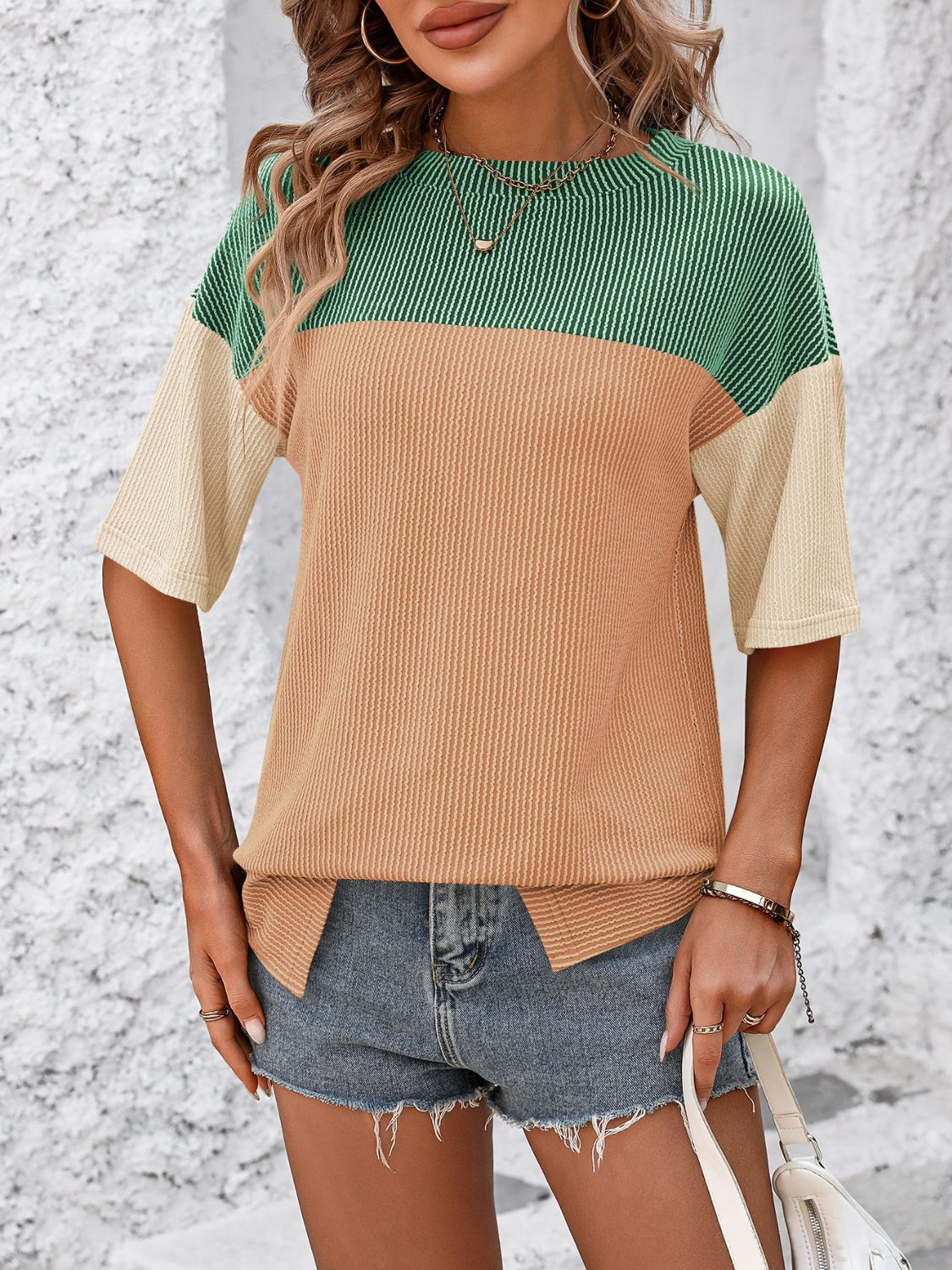 Mandy Color Block Round Neck Half Sleeve T-Shirt - Ladyez