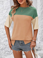 Mandy Color Block Round Neck Half Sleeve T-Shirt - Ladyez