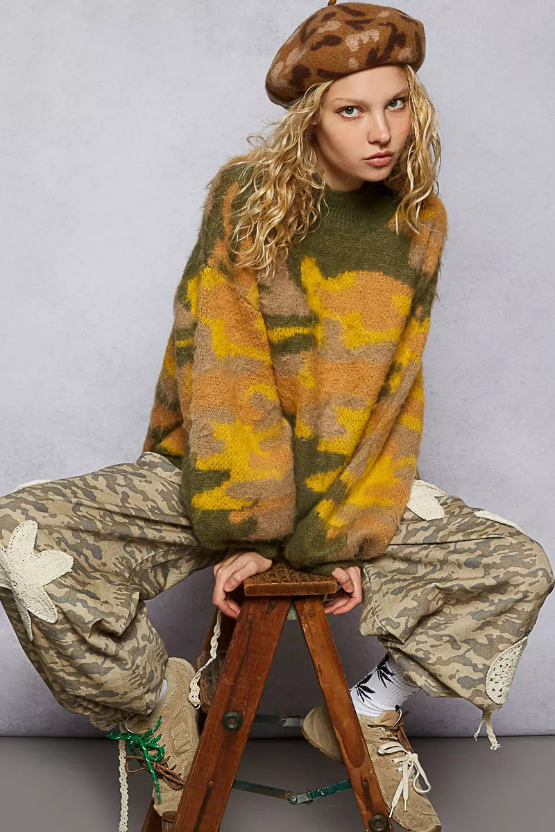 POL Mock Neck Abstract Colorblock Pattern Sweater
