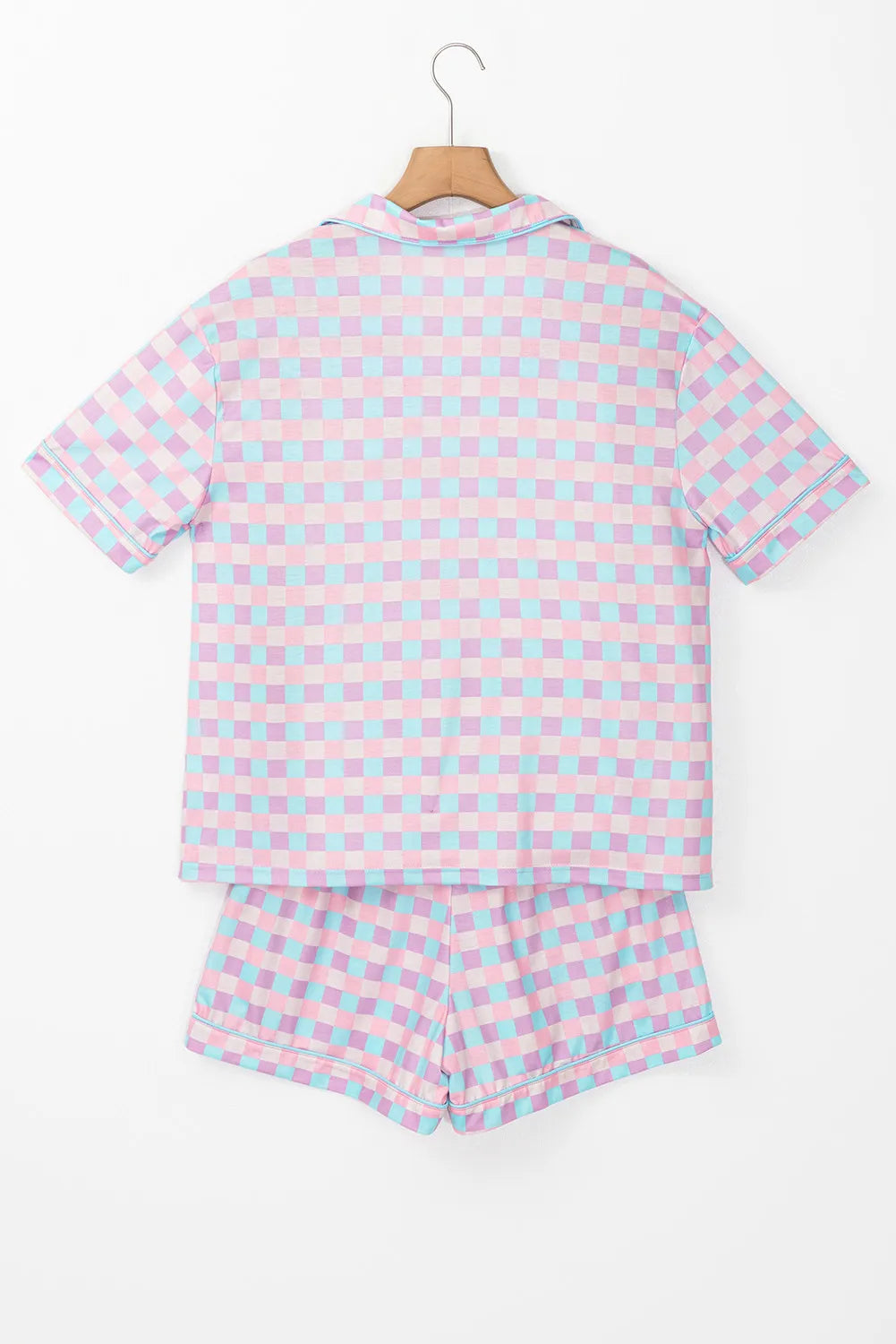 Plaid Collared Neck Short Sleeve Top and Shorts Lounge Set - Ladyez