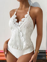 Perfee Halter Neck Lace Bodysuit - Ladyez