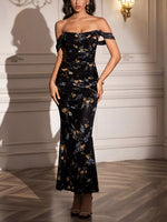 Off-Shoulder Ruched Floral Mermaid Dress