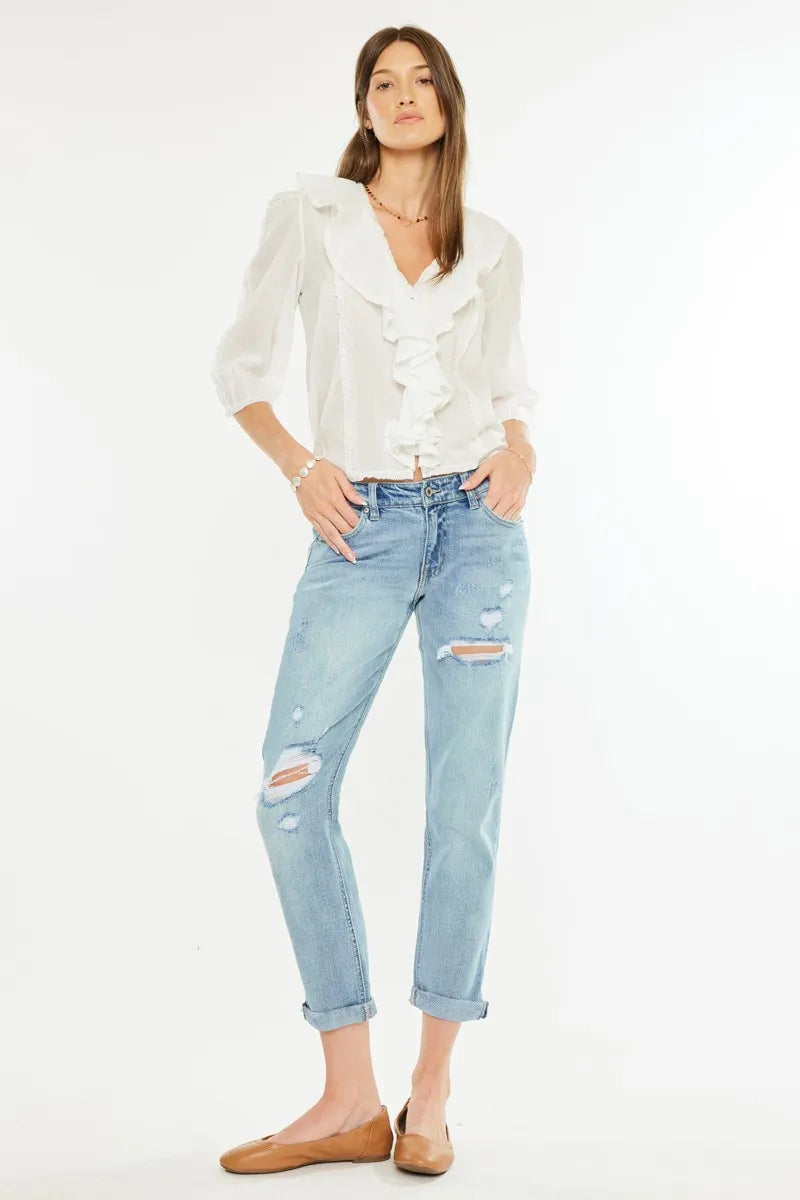 Kancan Mid Rise Distressed Boyfriend Fit Jeans - Ladyez