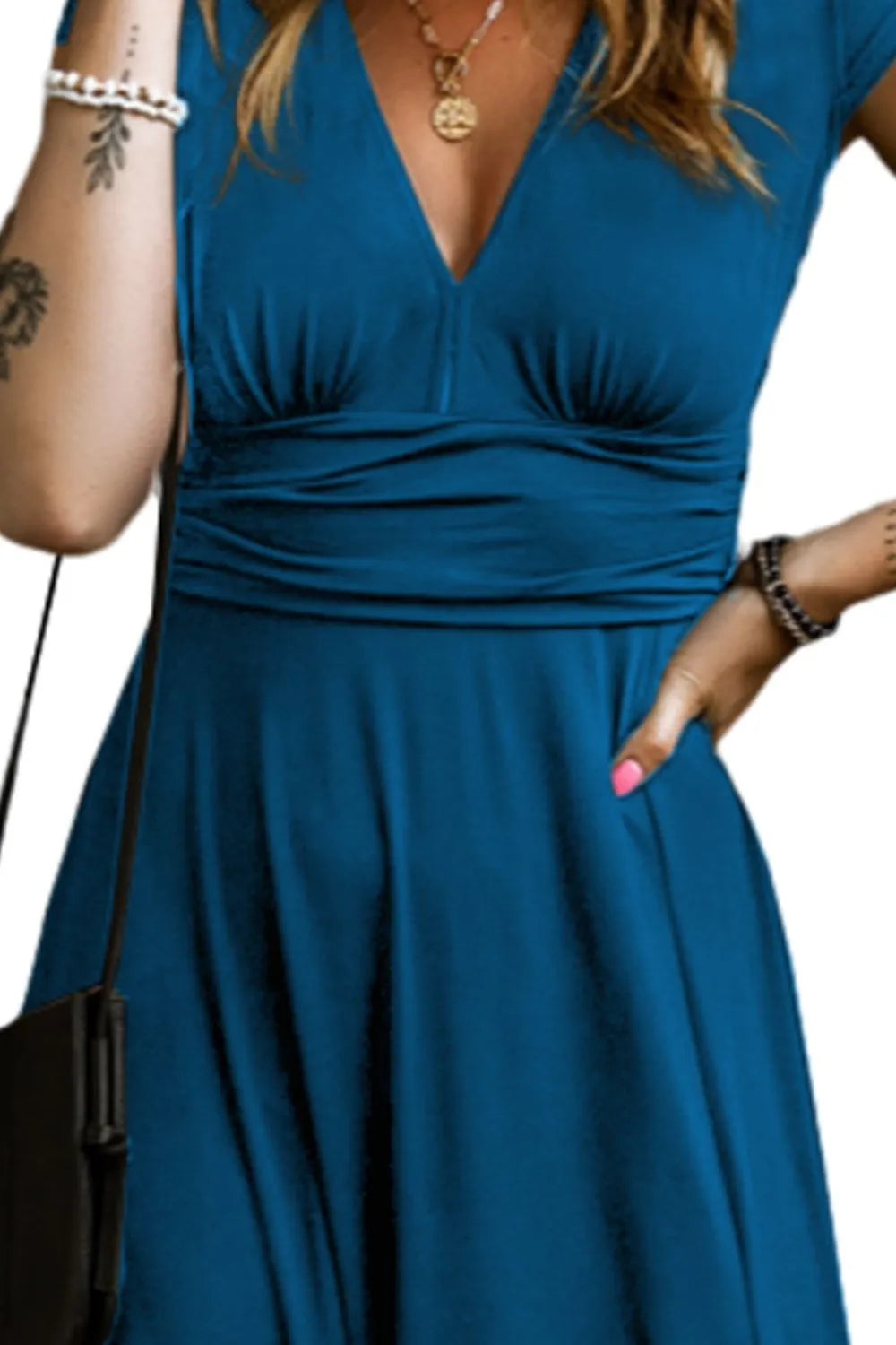 Smocked V-Neck Cap Sleeve Dress - Ladyez