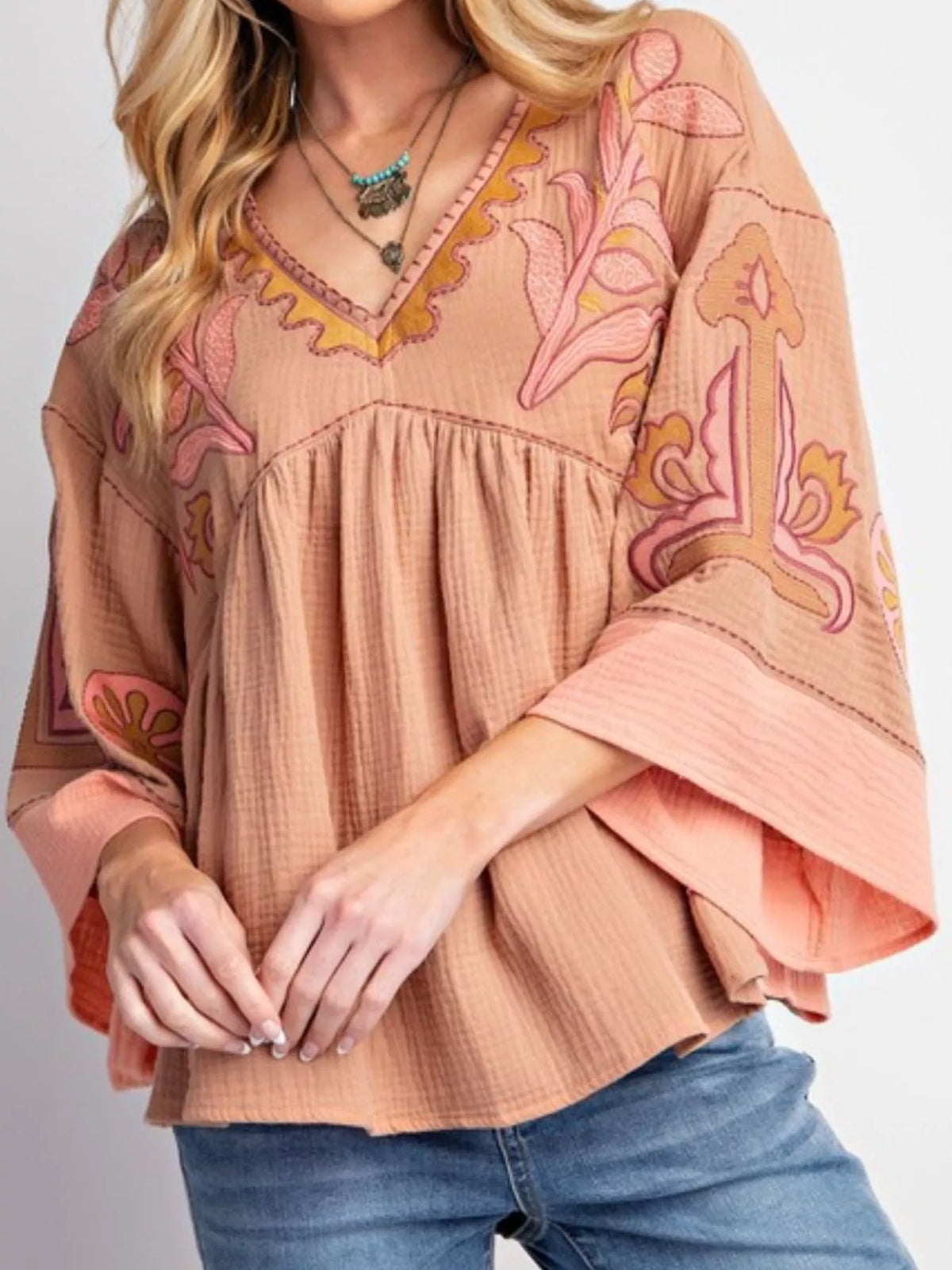 Printed V-Neck Top with Contrast Trim Details