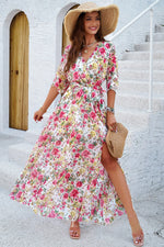 Devine Printed Tied Half Sleeve Slit Dress - Ladyez
