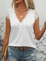 Perfee Eyelet Lace Detail V-Neck Cap Sleeve Top - Ladyez