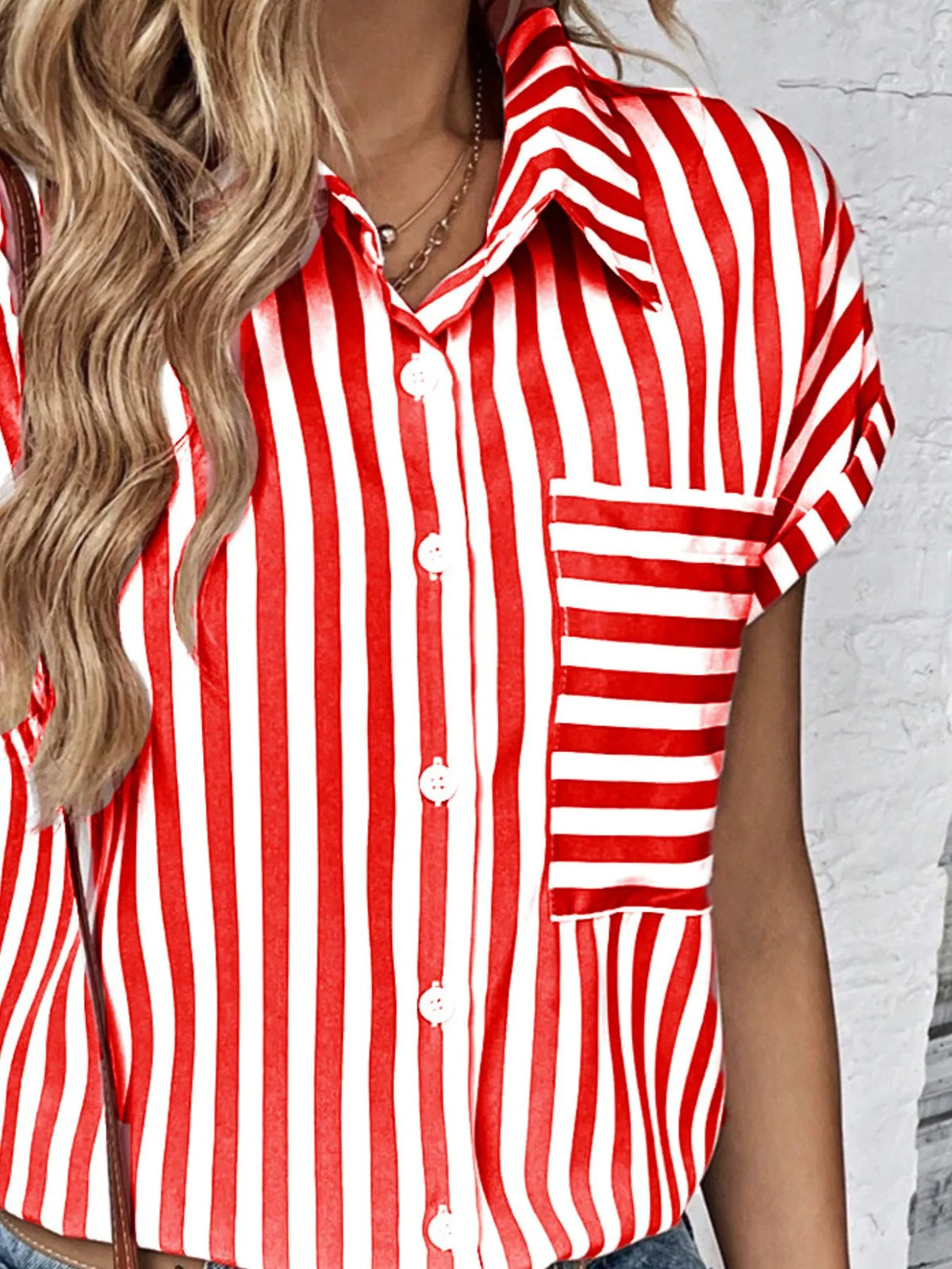 Striped Button-Up Short Sleeve Shirt with Pocket - Ladyez