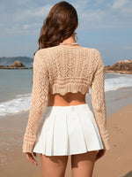 Drawstring Openwork Long Sleeve Cover-Up - Ladyez