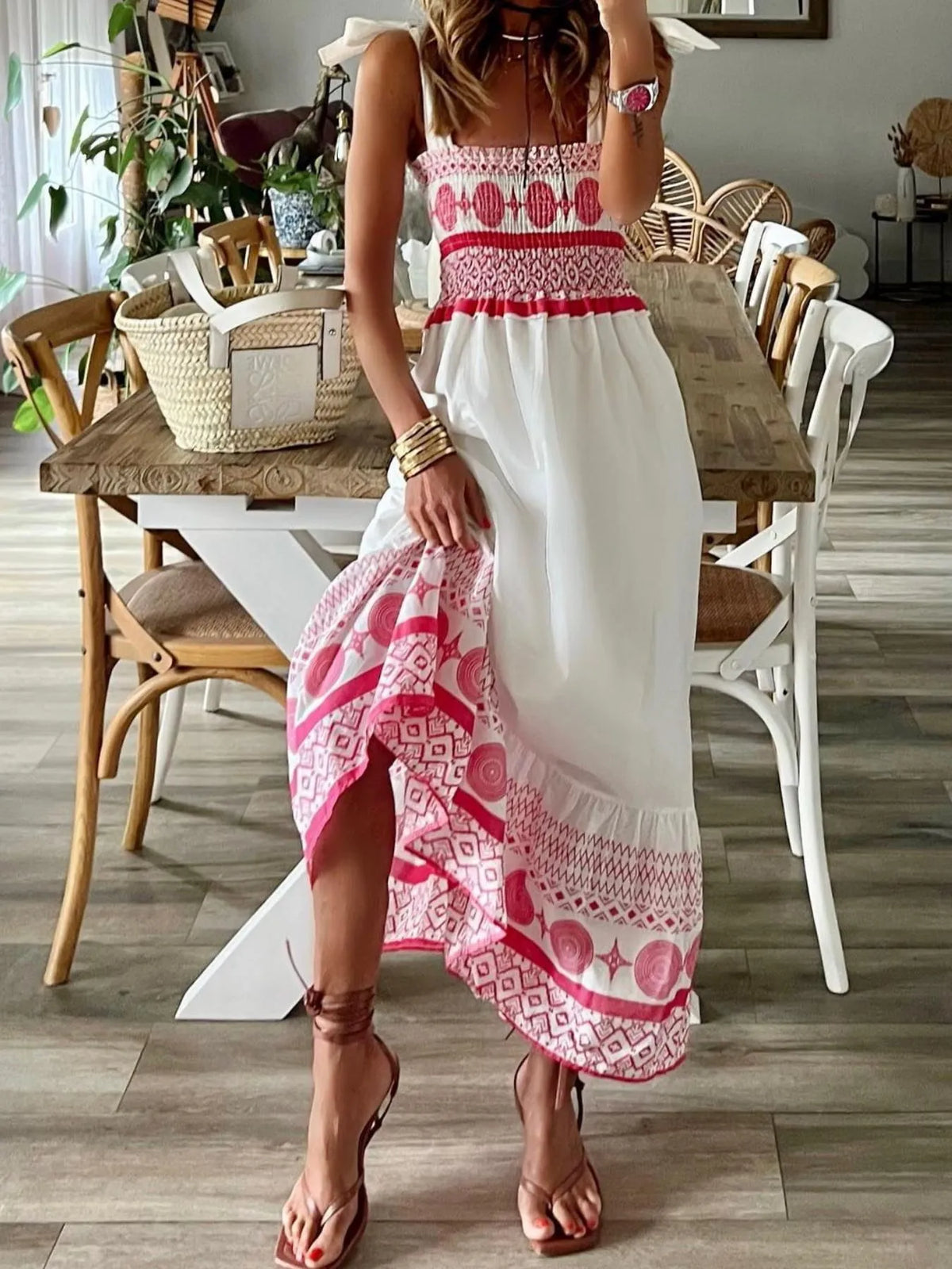 Smocked Printed Tie Shoulder Maxi Dress - Ladyez