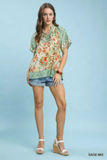 Umgee Mixed Print V-Neck Short Sleeve Top