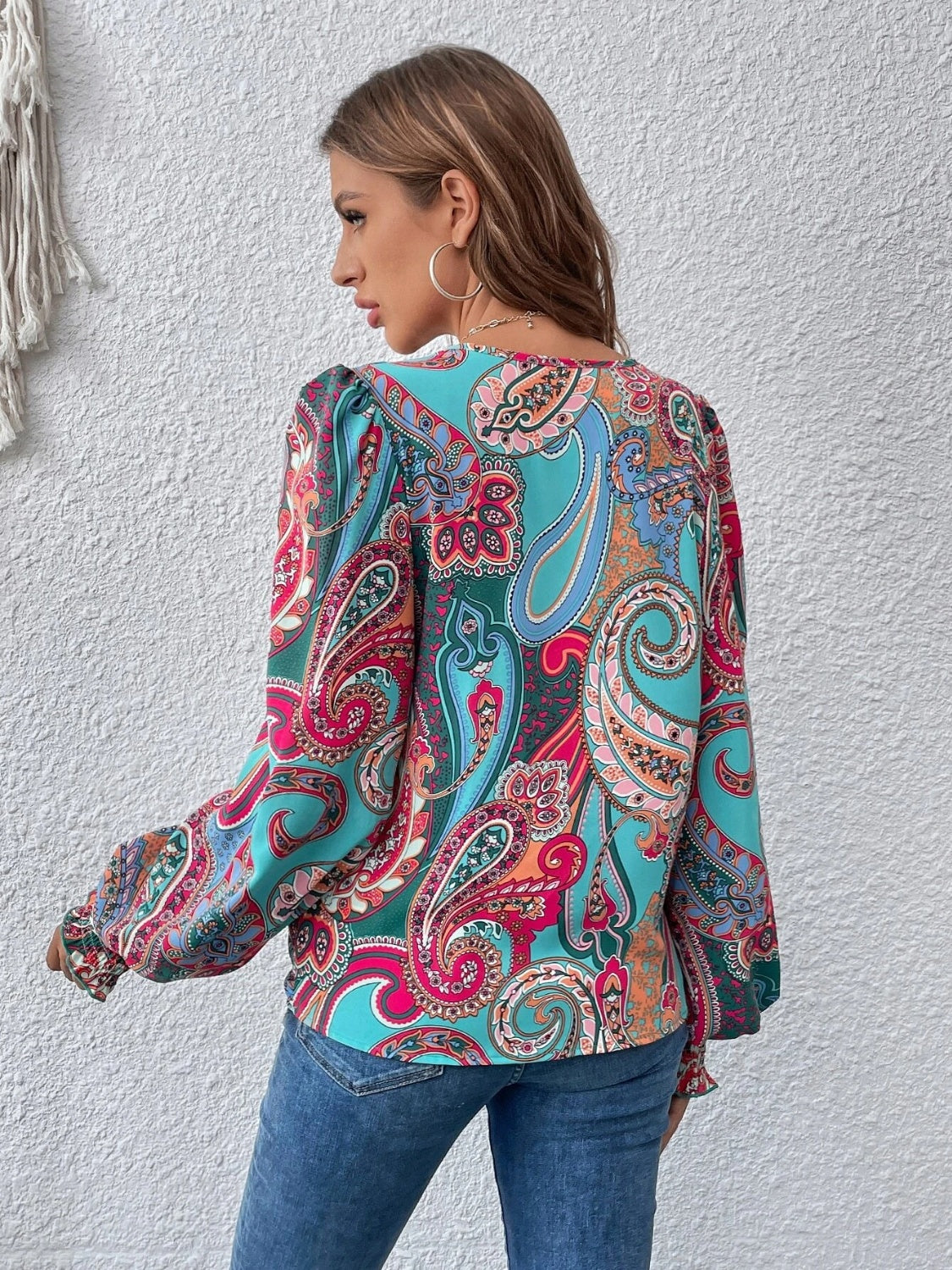 Printed Surplice Smocked Lantern Sleeve Blouse - Ladyez