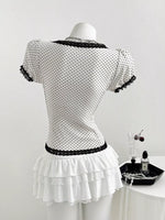 Polka Dot Lace Trim Puff Sleeve Top