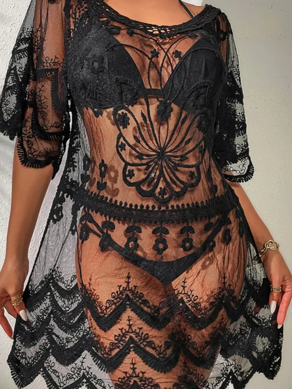 Lace Round Neck Half Sleeve Cover-Up - Ladyez