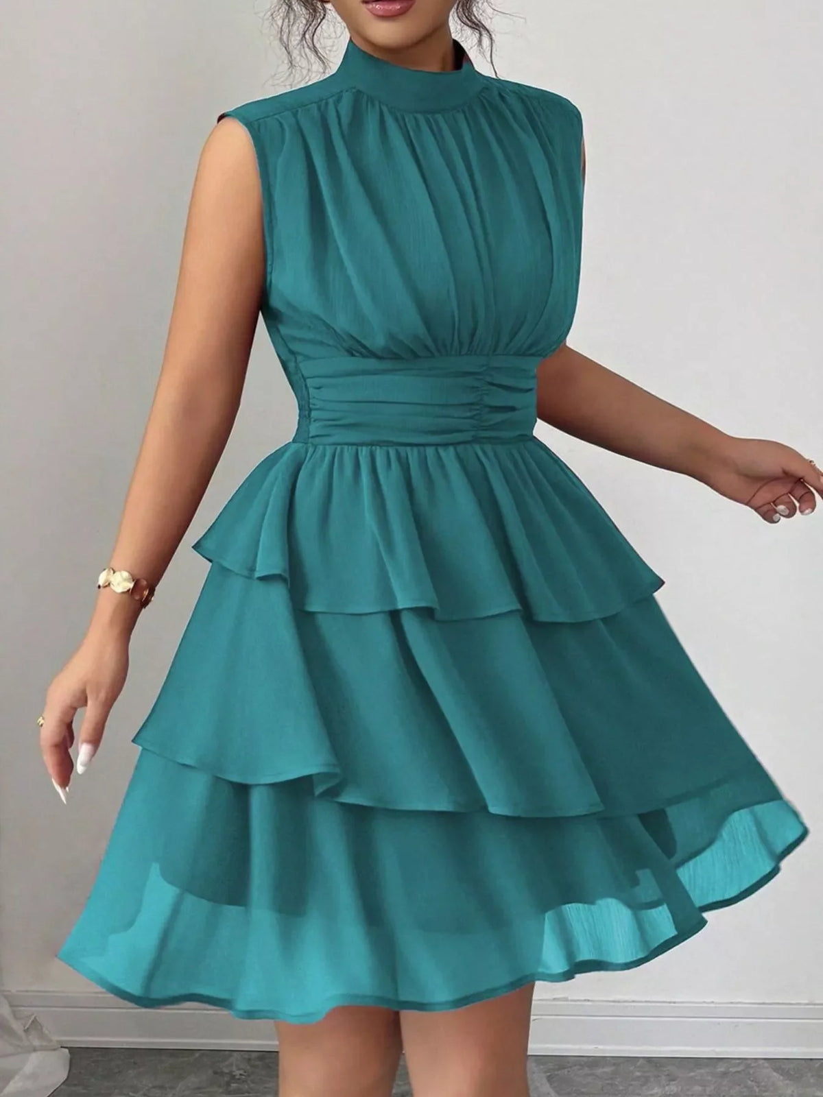 Sleeveless Mock Neck Layered Ruffle Dress