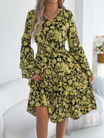 Floral Print Smocked Ruffle Hem Flared Sleeve Dress