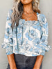 Floral Print Frilly Smocked Square Neck Long Sleeve Blouse