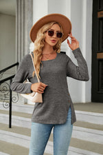 Square Neck Long Sleeve Slit T-Shirt