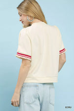 Umgee Puff Sleeve Button Front Top with Contrast Trim