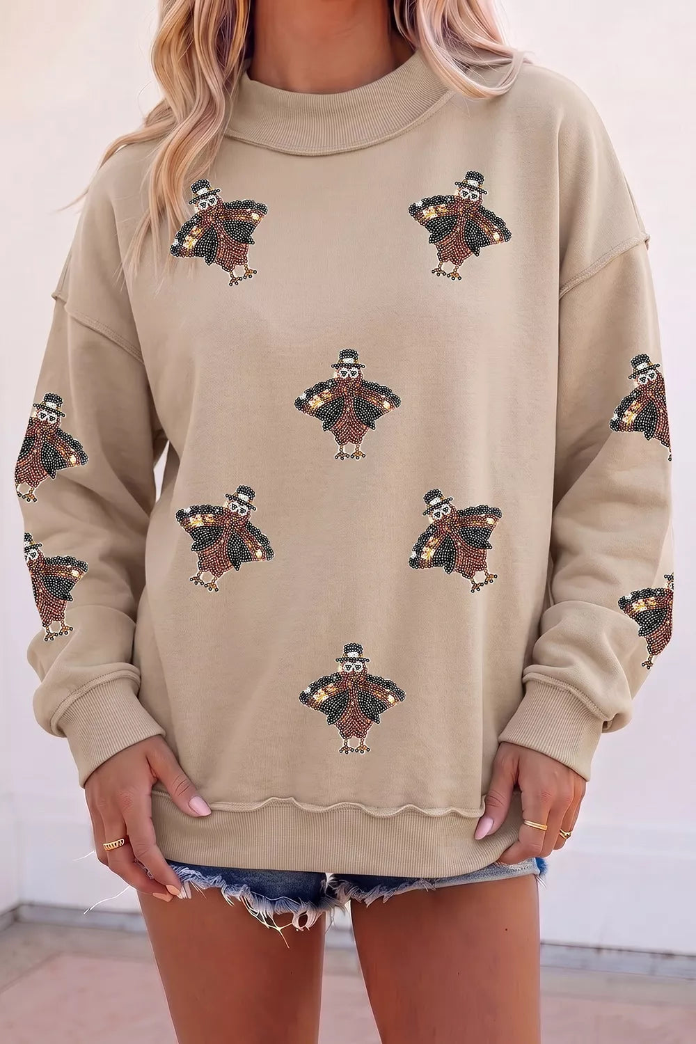 Sequin Turkey Mock Neck Exposed Seam Pullover Sweatshirt