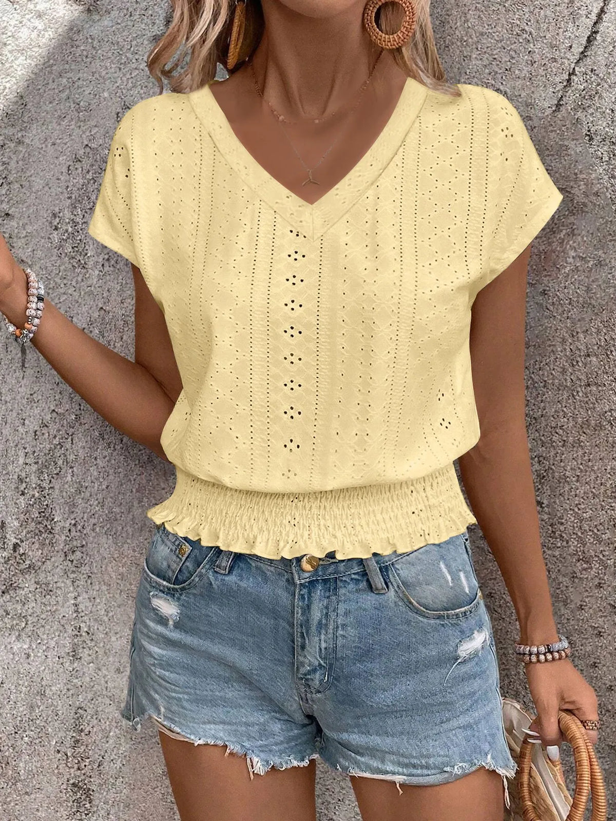 Eyelet V-Neck Short Sleeve Blouse - Ladyez