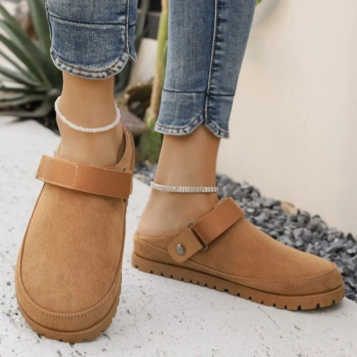 Suede Slip-On Mule Loafers with Adjustable Strap