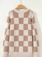 Checkered Pattern Ribbed Trim Knit Baggy Sweater
