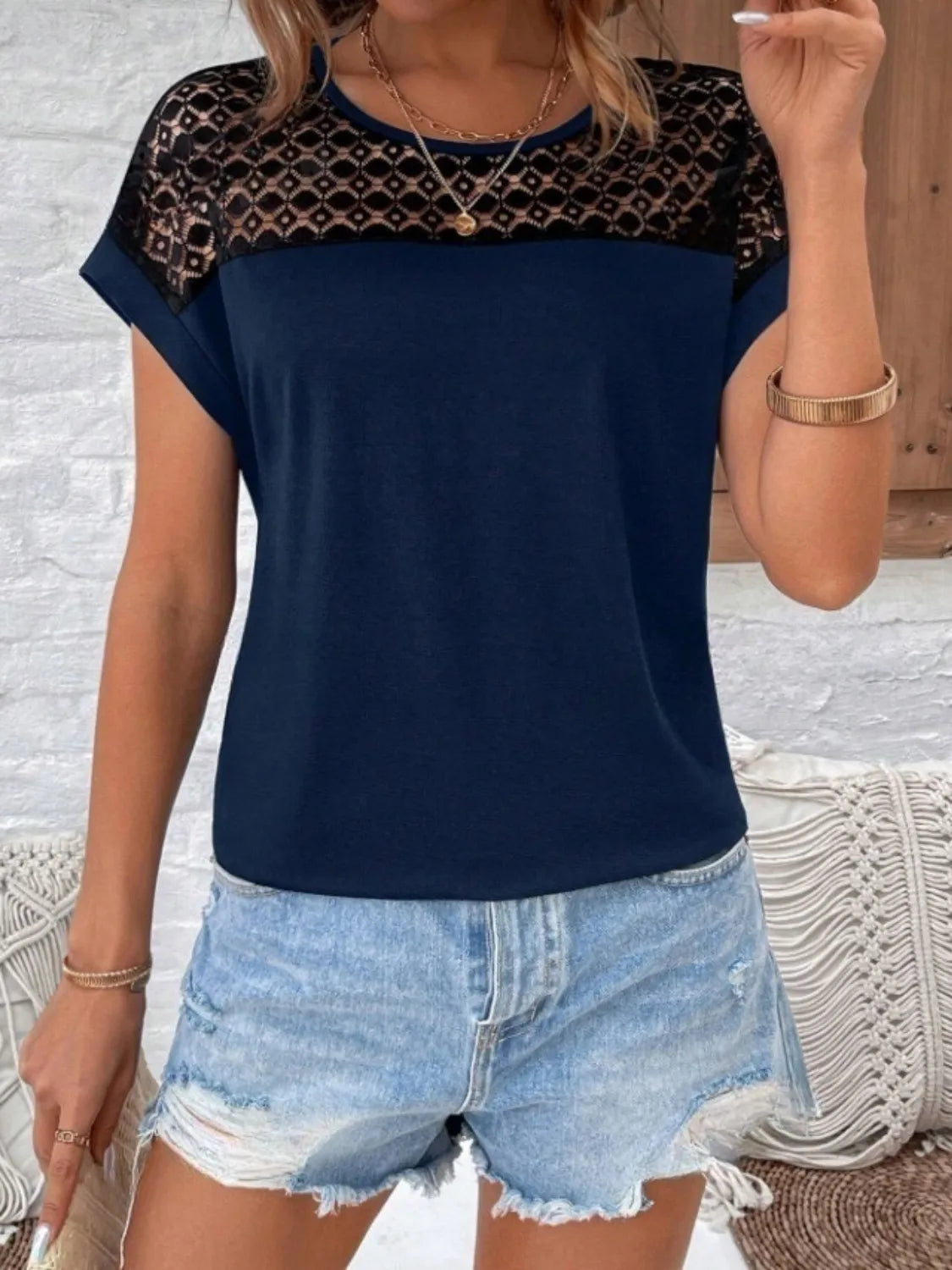 Lace Round Neck Short Sleeve T-Shirt - Ladyez