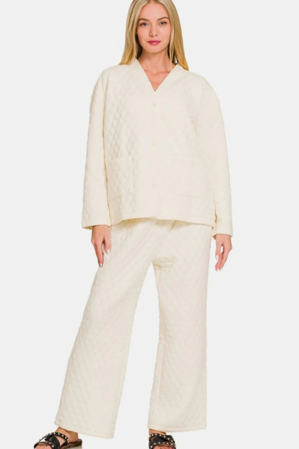 Zenana Quilted Button Up Long Sleeve Top and Pants Lounge Set - Ladyez
