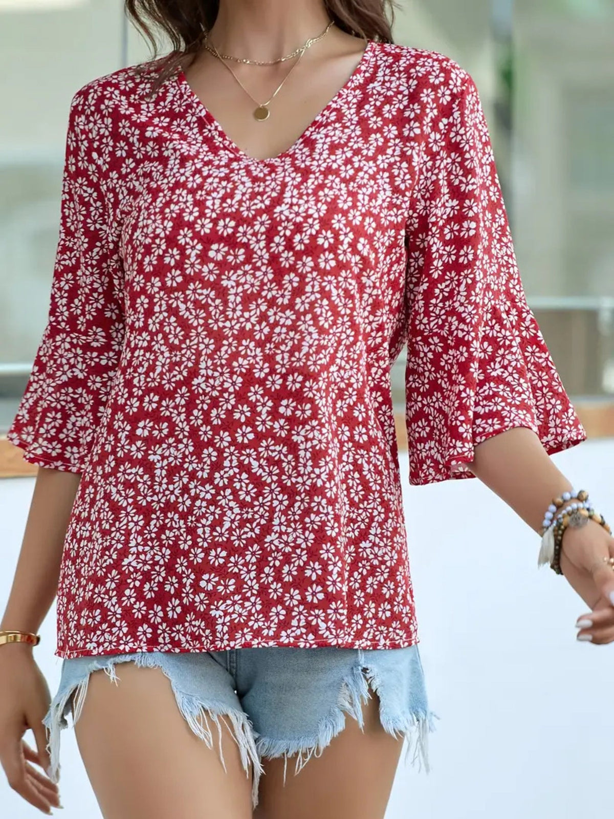 Floral Print V-Neck Bell Sleeve Blouse