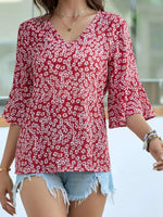 Floral Print V-Neck Bell Sleeve Blouse