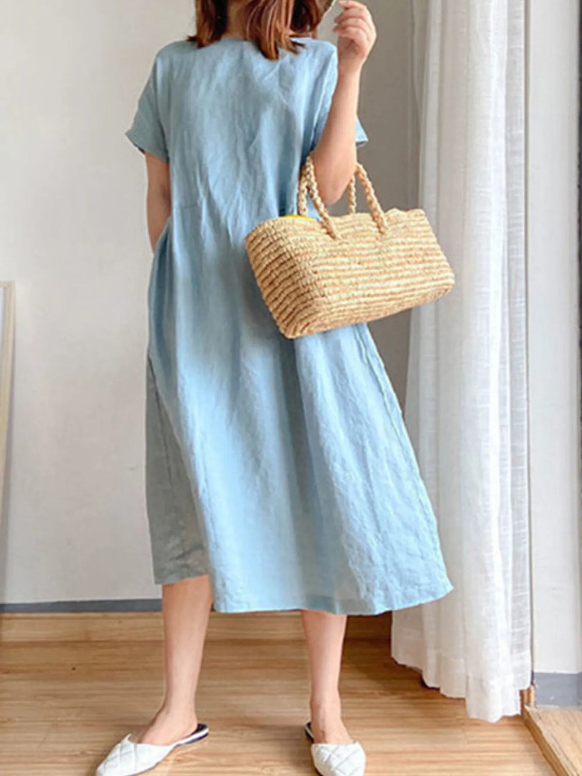 Full Size Casual Round Neck Midi Dress Plus Size - Ladyez