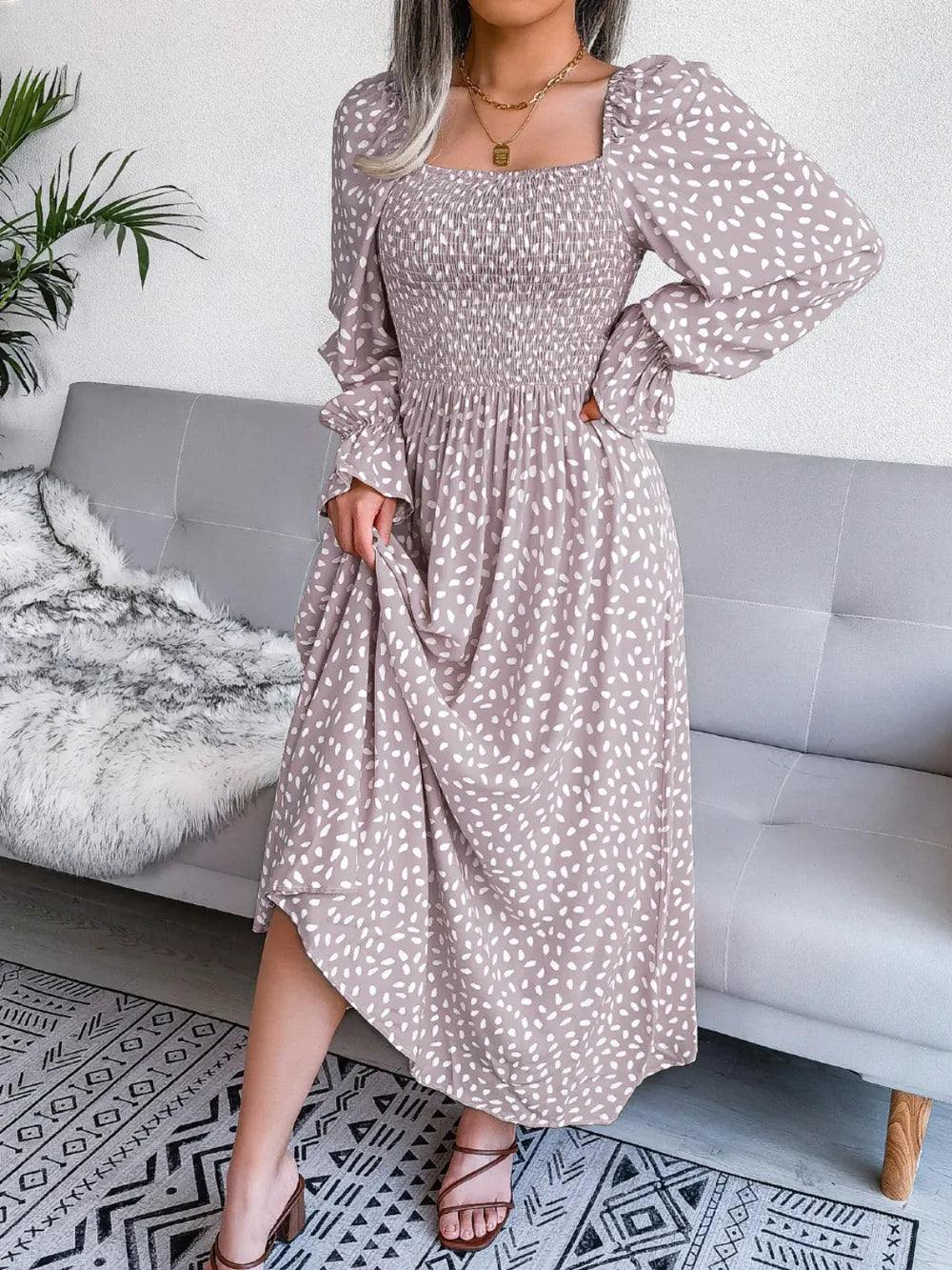 Smocked Square Neck Flounce Sleeve Dress - Ladyez