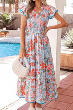 Floral Print V Neck Contrast Trim Flutter Sleeve Long Dress
