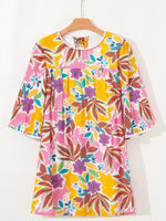 Floral Print Lace Trimmed Tie Back Bell Sleeve Swing Mini Dress