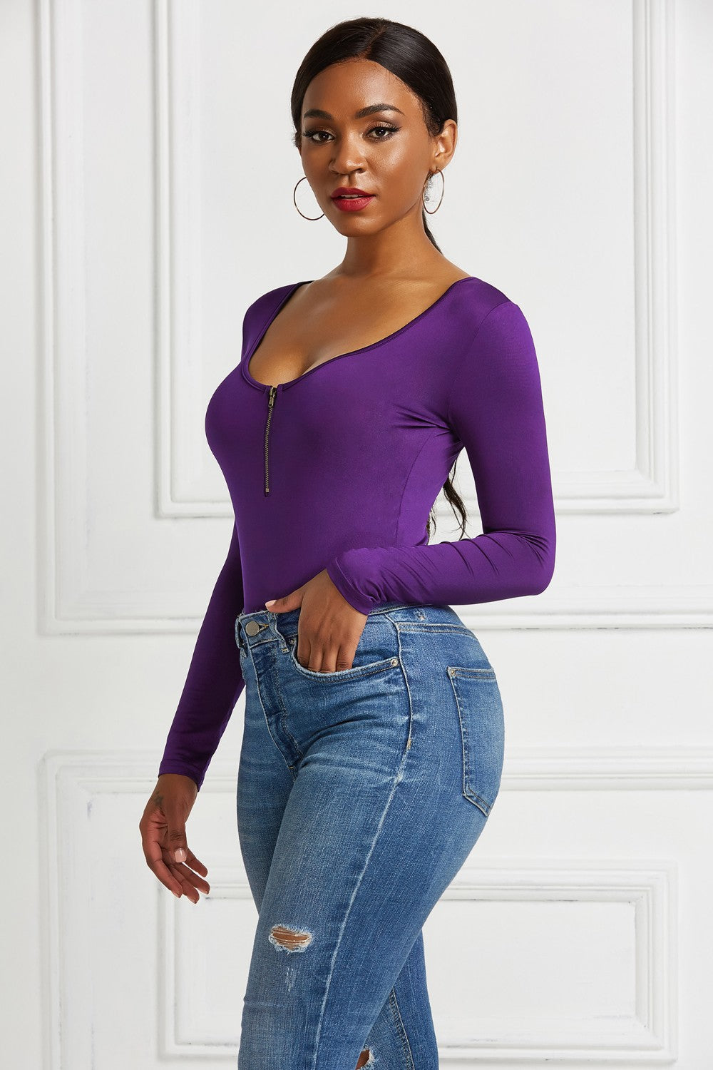 Half Zip Scoop Neck Long Sleeve Bodysuit - Ladyez