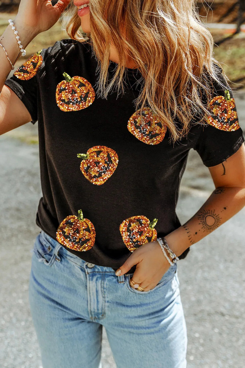 Sequin Pumpkin Round Neck Short Sleeve T-Shirt - Ladyez