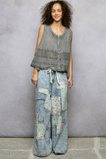 POL Button Down Round Neck Tank with Crochet Contrast