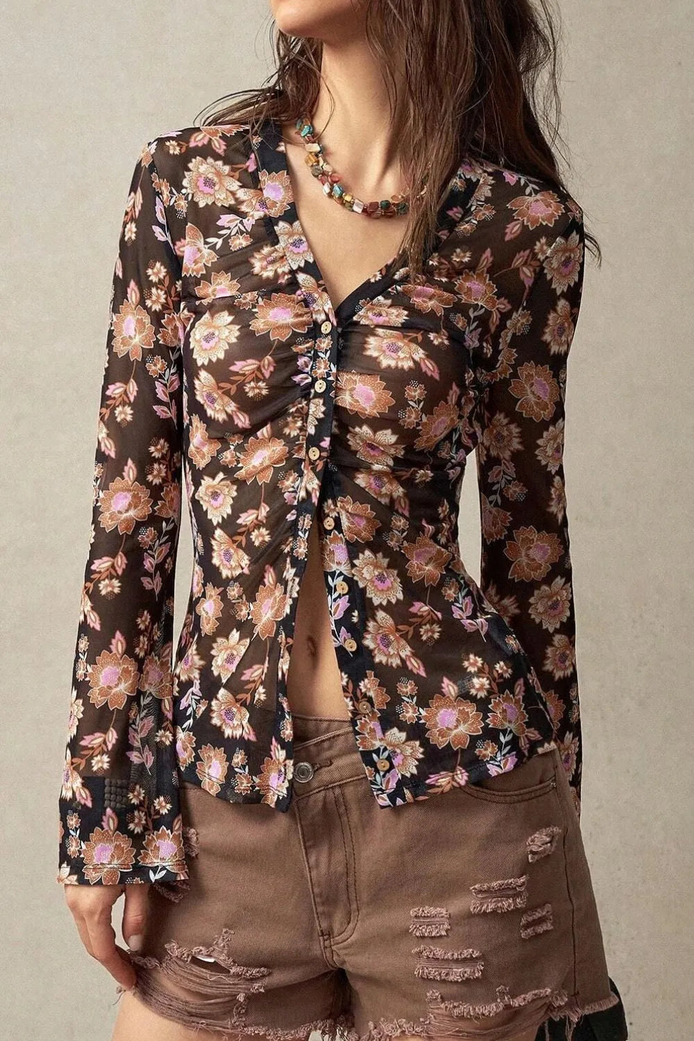 Floral Button-Front Shirt with Bell Sleeves - Ladyez