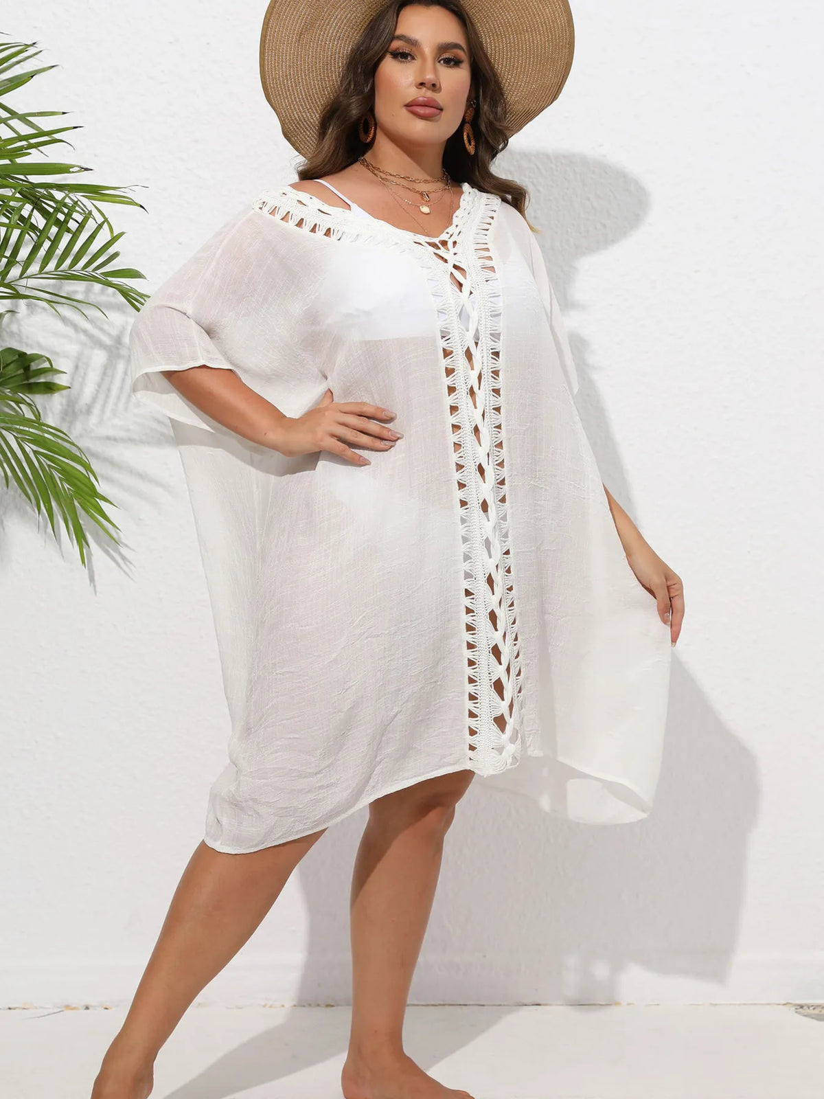 Crochet Trim V-Neck Beach Cover Up Dress - Ladyez
