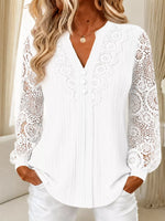 Lace Long Sleeve Notched Blouse