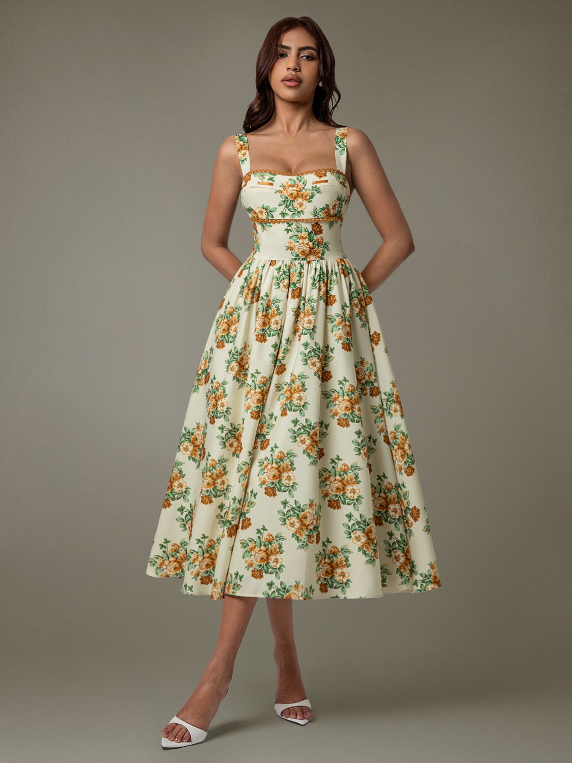 Lace Trim Floral Sleeveless Midi Dress - Ladyez