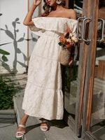Ruched Off Shoulder Short Sleeve Midi Dress