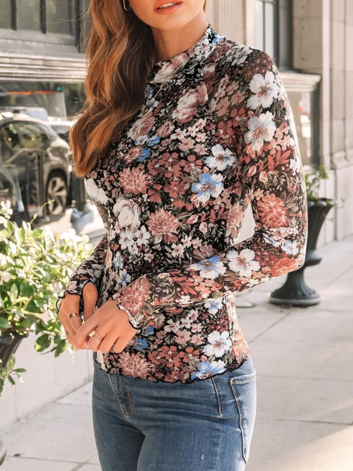 Floral Mock Neck Long Sleeve T-Shirt - Ladyez